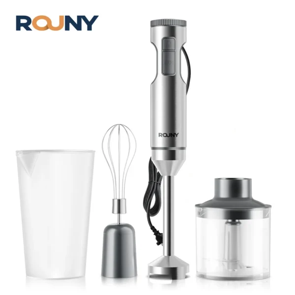 ROUNY 4-in-1 Hand Immersion Blender 1000W Powerful, Stainless Steel Stick Food Mixer,700ml Mixing Beaker,500ml Processor, Whisk