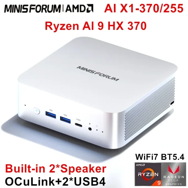 MINISFORUM AI X1 370 255 Mini PC AMD Ryzen AI 9 HX 370 R7 255 OCuLink 2*USB4 Built-in Dual Speaker Gaming Desktop Computer WiFi7