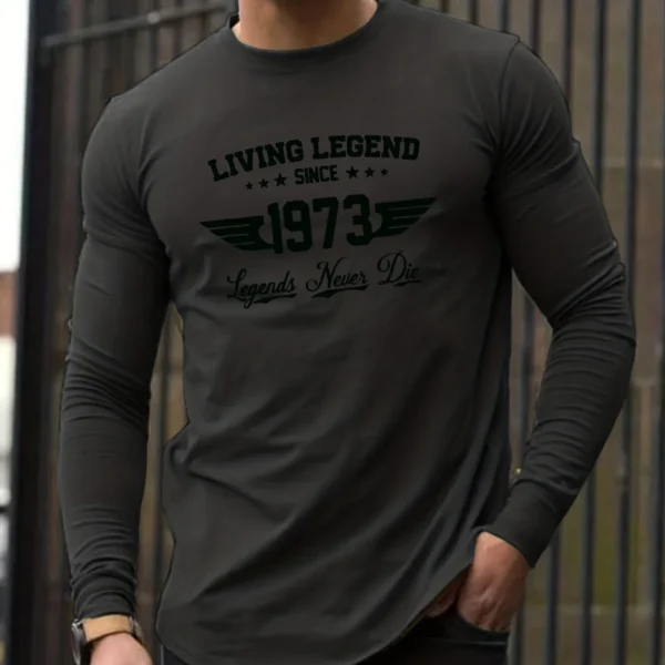 Men's 100% pure cotton loose fit comfortable casual sports SINCE1973 pattern printed round neck long sleeved T-shirt top