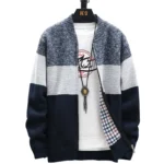 Autumn Winter Cardigan Sweater Men Fleece Zipper Sweaters Velvet Contrast Striped Sweater Coats Casual Jackets - Image 3