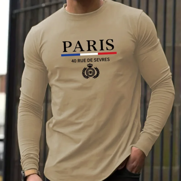Men's 100% pure cotton loose fit comfortable sports and leisure Paris pattern printed round neck long sleeved T-shirt top
