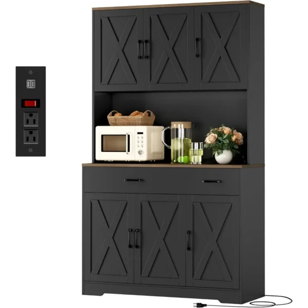 71" Pantry Cabinet with Charging Station, Tall Kitchen Pantry Storage Cabinet with Microwave Stand, Farmhouse Kitchen Hutch wit