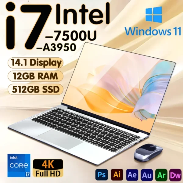 NEW Arrival Intel i7-7500U Slim Office Laptop 14.1 Inch Windows 11 Pro 12GB RAM 512GB 1TB SSD 1920*1080 Office Study Computer PC