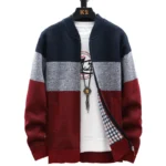 Autumn Winter Cardigan Sweater Men Fleece Zipper Sweaters Velvet Contrast Striped Sweater Coats Casual Jackets - Image 4