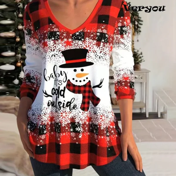 Spring Autumn Women Long Sleeve T-Shirts Christmas Clothes Elk Prinrted Loose Tee Female Casual T Shirt Women Pullover