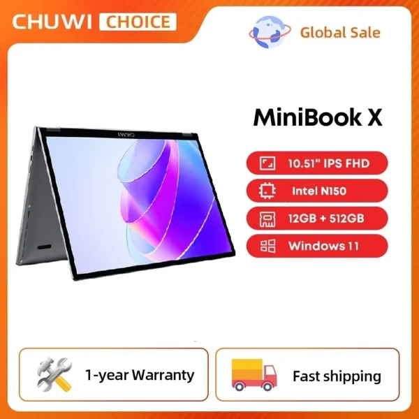 CHUWI MiniBook X N150 Laptop 10.51 Inch 16GB /12GB RAM 512GB SSD 2-in-1 Yoga Mode Intel Windows 11 Notebook 360° Flipable WiFi 6