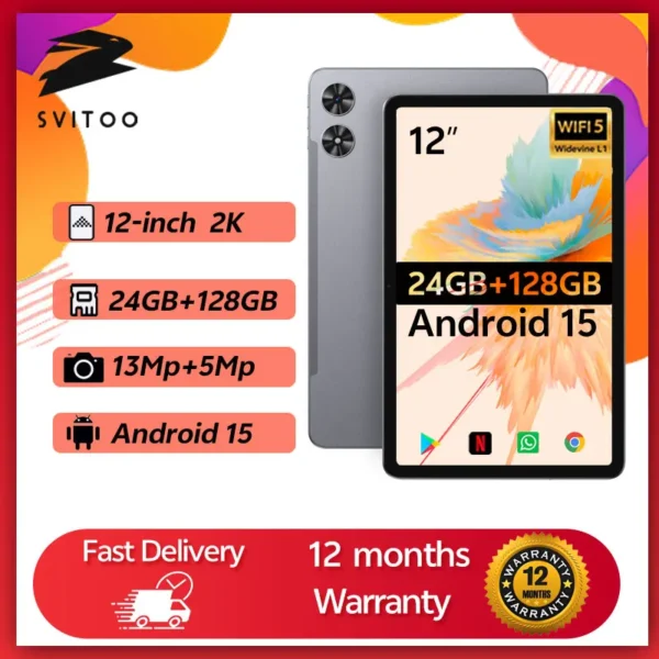 SVITOO Tablet Android 15 2025 12 Inch 2K Display Unisoc T606 6GB + 18GB Virtual RAM 128GB ROM 8000mAh Battery WiFi 5 Widevine L1