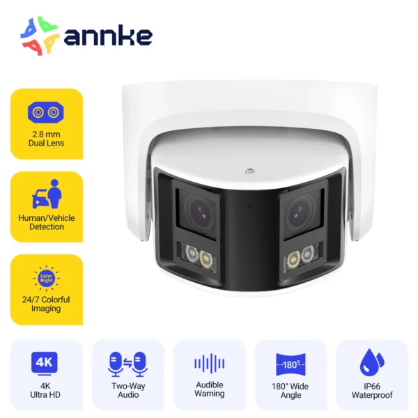 ANNKE Smart Home 180° 8MP DUO POE Dual Lens Wide View Outdoor Video POE Camera,4K AI Human Detect,8MP Security CCTV Camera