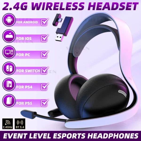 【2.4G Wireless/Wired/BT】Gaming Headset for PS5/PS4/PC eSports Headphones Spatial Audio Retractable Microphone 40mm Voice Coil