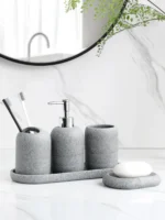 5Pcs athroom Accessories set Lotion Dispenser Toothbrush Holder Tray Tumbler Cup Soap Dish Beige and Grey - Image 2