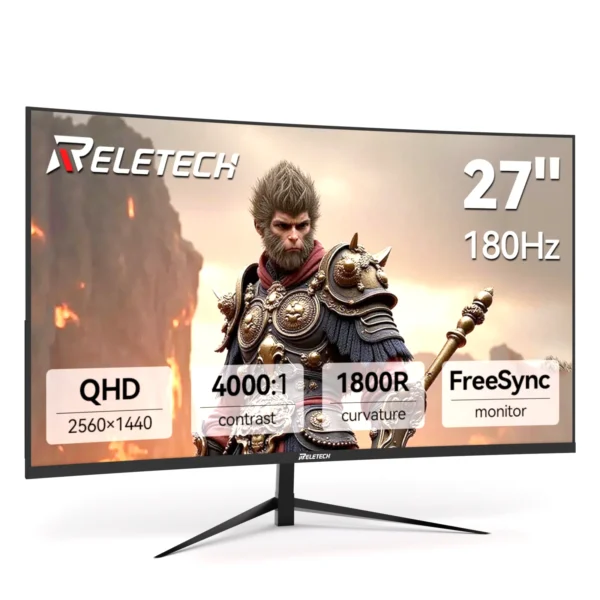 Reletech Monitor 27" Gaming Curved 2K 2560x1440 QHD 180Hz HDMI+DP 1800R 100% sRGB Adaptive FreeSync