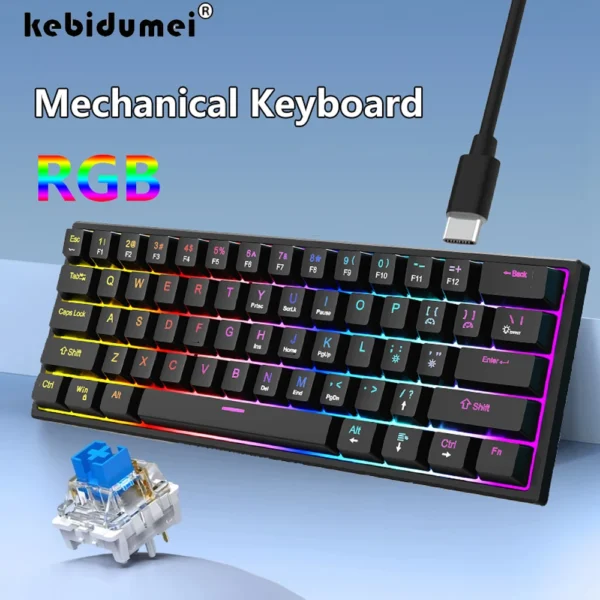 K61 Mechanical Keyboard Mini Wired Keyboard RGB Backlit Mini Keyboard Ergonomic Portable Gaming Keyboard Keycap PC Accessories