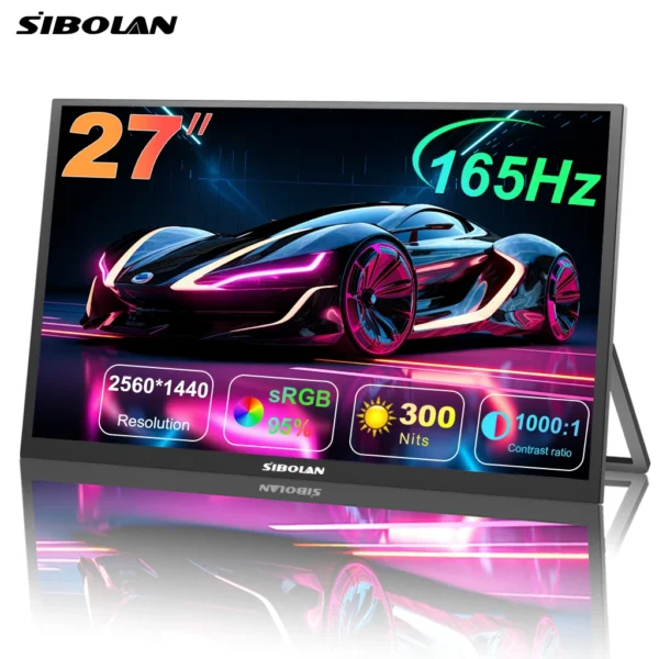 SIBOLAN 27 inch 165Hz Portable Monitor 2K 2560*1440P IPS Gaming Second Screen with USB C HDMI Port for PC Laptop PS5 Switch