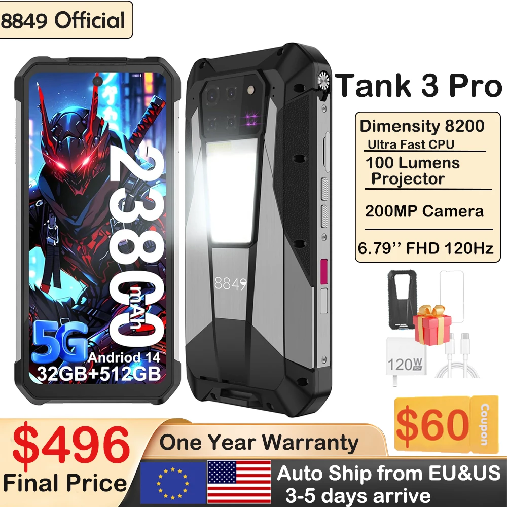 8849 Tank 3 Pro Unihertz Rugged Smartphones Projector Android 5G 23800mAh 512GB 36GB 200 MP Camera Dimensity 8300 Mobile Phone