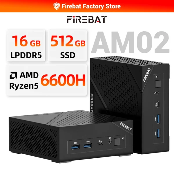 FIREBET AM02 Mini PC 6600H CPU 6C/12T MAX 4.5GHz 16GB LPDDR5 RAM 512GB SSD Windows 11 Desktop 2*RJ45 WIFI6 BT5.2 Gaming Computer