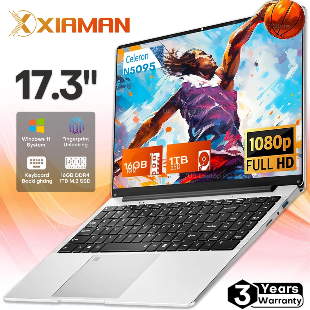 17.3" Computer Laptop intel Celeron N5095 16GB DDR4 1TB SSD Windows 11 Fingerprint Office Laptops Notebook Computer Portable PC