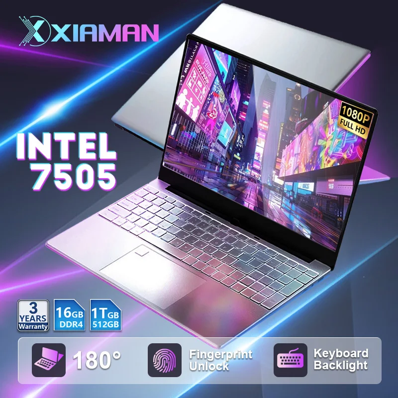 Xiaman 15.6 inch Portable Laptop Computer intel Pentium 7505 Windows 11 Dual Core Laptops PC Fingerprint Unlock Gamer Notebook