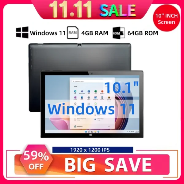 AR40 4GB RAM 64GB ROM 10.1" Intel Atom N3350 64-bit Windows 11 Tablet 5000mAh Type-C 1*USB 3.0 HD-MI Port 1920 x 1200 IPS