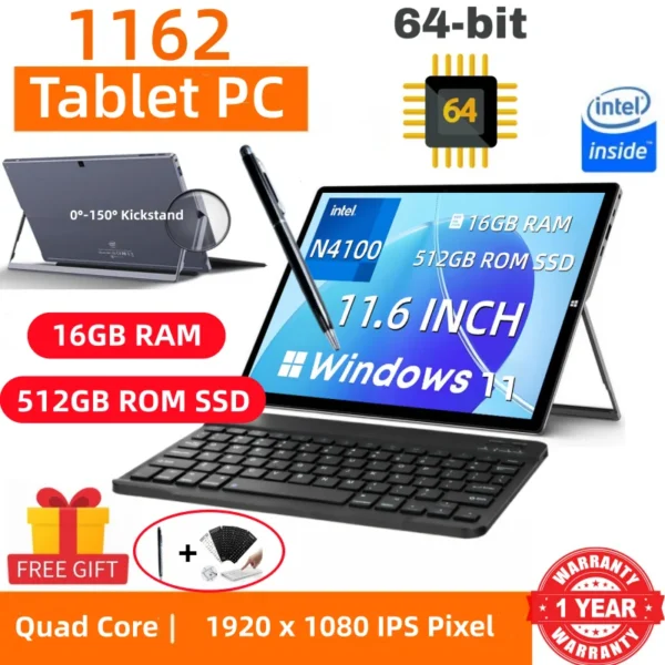 16GB RAM 512GB SSD ROM 11.6" Windows 11 Tablet PC 64bit Intel Celeron Processor N4100 1920 x 1080 Pixel 2 x USB 3.0 Type-C Port