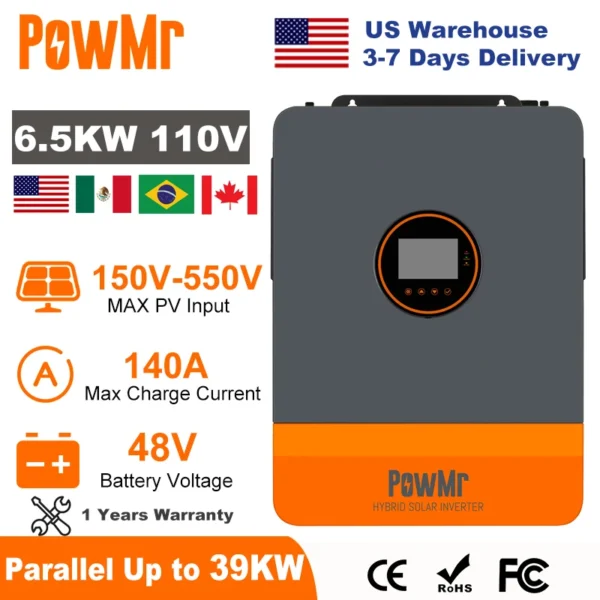 PowMr 6.5KW Split Phase Inverter 48V 110V 220V with MPPT 140A Solar Battery Charger Dual Input Parallel Up to 6 Units RS485 CAN