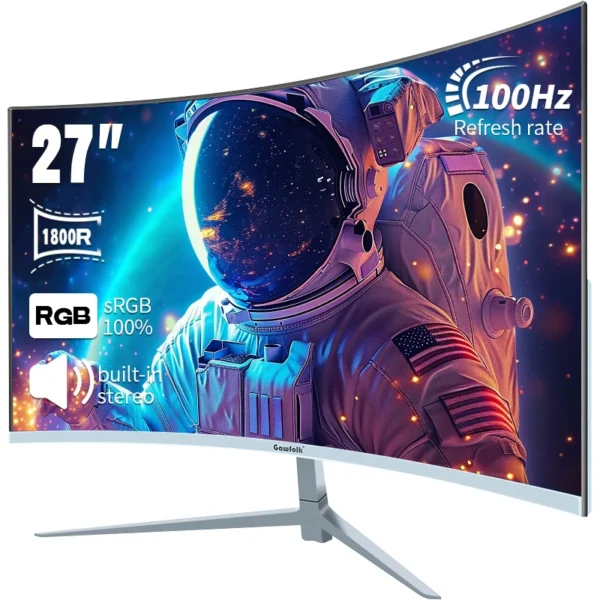 Gawfolk 27 Zoll Curved Gaming Monitor 100Hz, PC Bildschirm Full HD 1080P, Rahmenloses 1800R Computerbildschirm Mit FreeSync Und