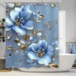 4pcs Elegant Blue Floral 2D Flat Shower Curtain Set,Modern Bathroom Decor with Non-Slip Mat and Toilet Cover,Exquisite Home Gift - Image 2