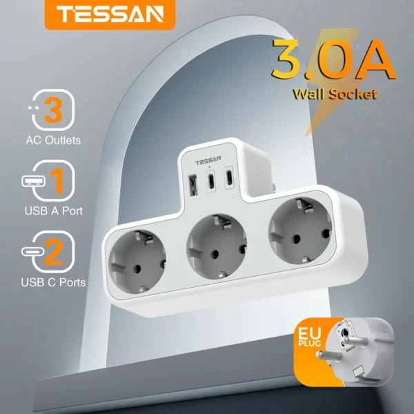 TESSAN 3 Way Wall Socket with USB Surge Protection 6-in-1 Wall Plug Adapter with 3 USB Ports for Smartphone Laptop Camera Travel