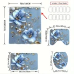 4pcs Elegant Blue Floral 2D Flat Shower Curtain Set,Modern Bathroom Decor with Non-Slip Mat and Toilet Cover,Exquisite Home Gift - Image 4