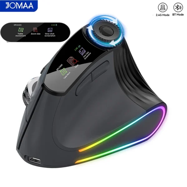 Jomaa RGB Backlit Speed Roller Wireless Vertical Mouse with Function Adjustment Knob Bluetooth USB Ergonomic Mice Slient Click
