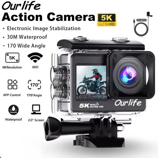 Ourlife 5K Action Camera 4K60FPS 2.0 Inch Touch Screen WiFi 170° Wide Angle 30M Waterproof Bicycle Motorcycles Sports Cameras