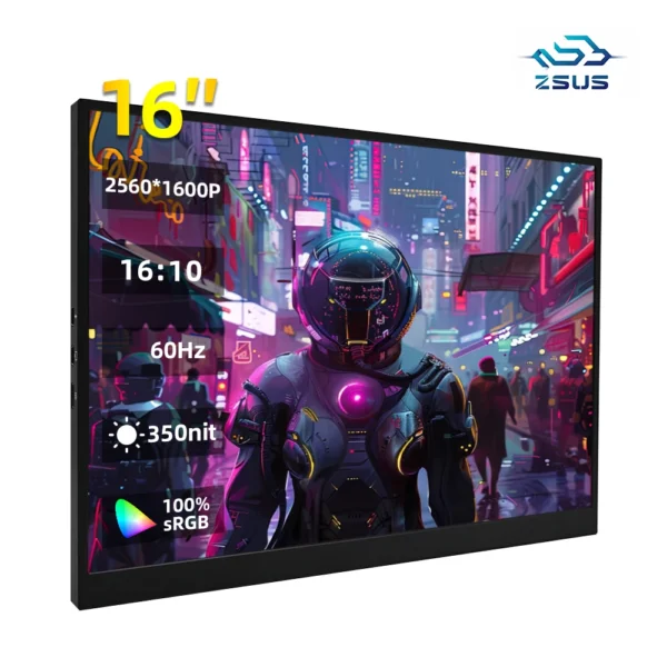 ZSUS 16" 2K Portable Monitor 100%sRGB 1600P IPS Screen Travel Gaming Computer Display for Steam Deck Laptop Switch PS4 PS5 Xbox