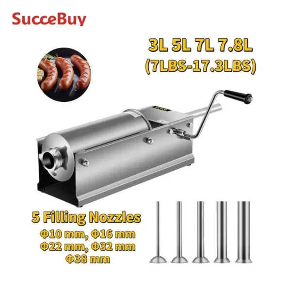 SucceBuy 3L5L 7L7.8L Horizontal Sausage Stuffer Food Processors 5 Filling Nozzles Kitchen Accessories Home Appliance for Hot Dog