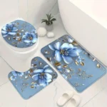 4pcs Elegant Blue Floral 2D Flat Shower Curtain Set,Modern Bathroom Decor with Non-Slip Mat and Toilet Cover,Exquisite Home Gift - Image 3