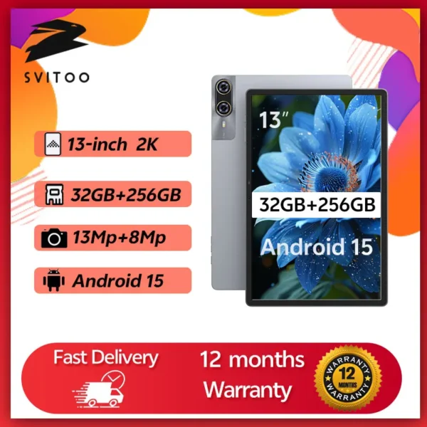 SVITOO Tablet Android 15 2025 13 Inch FHD 90Hz MediaTek G99 8GB RAM 256GB ROM 10000mAh Battery 4G LTE GPS Widevine L1 With Case