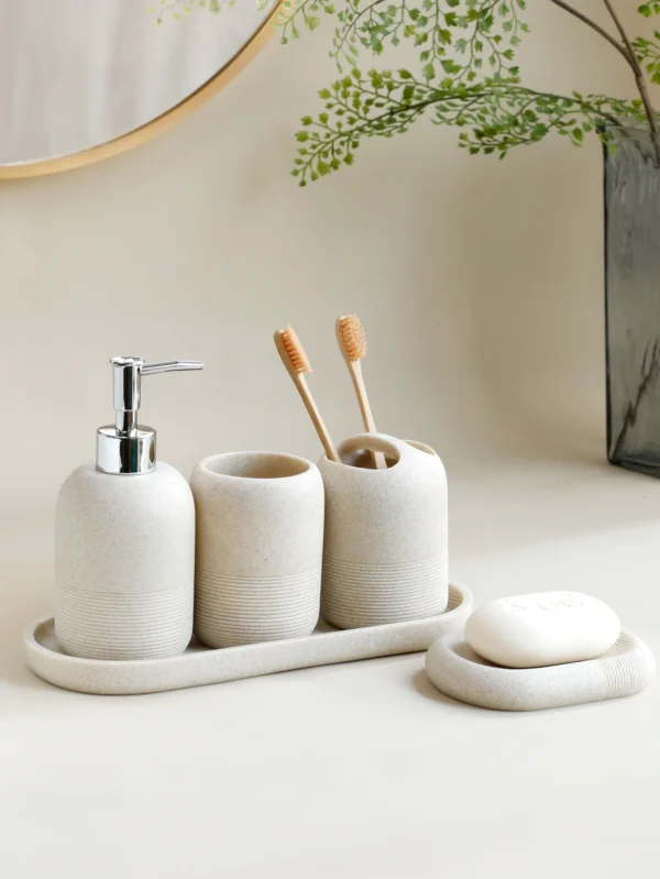 5Pcs athroom Accessories set Lotion Dispenser Toothbrush Holder Tray Tumbler Cup Soap Dish Beige and Grey