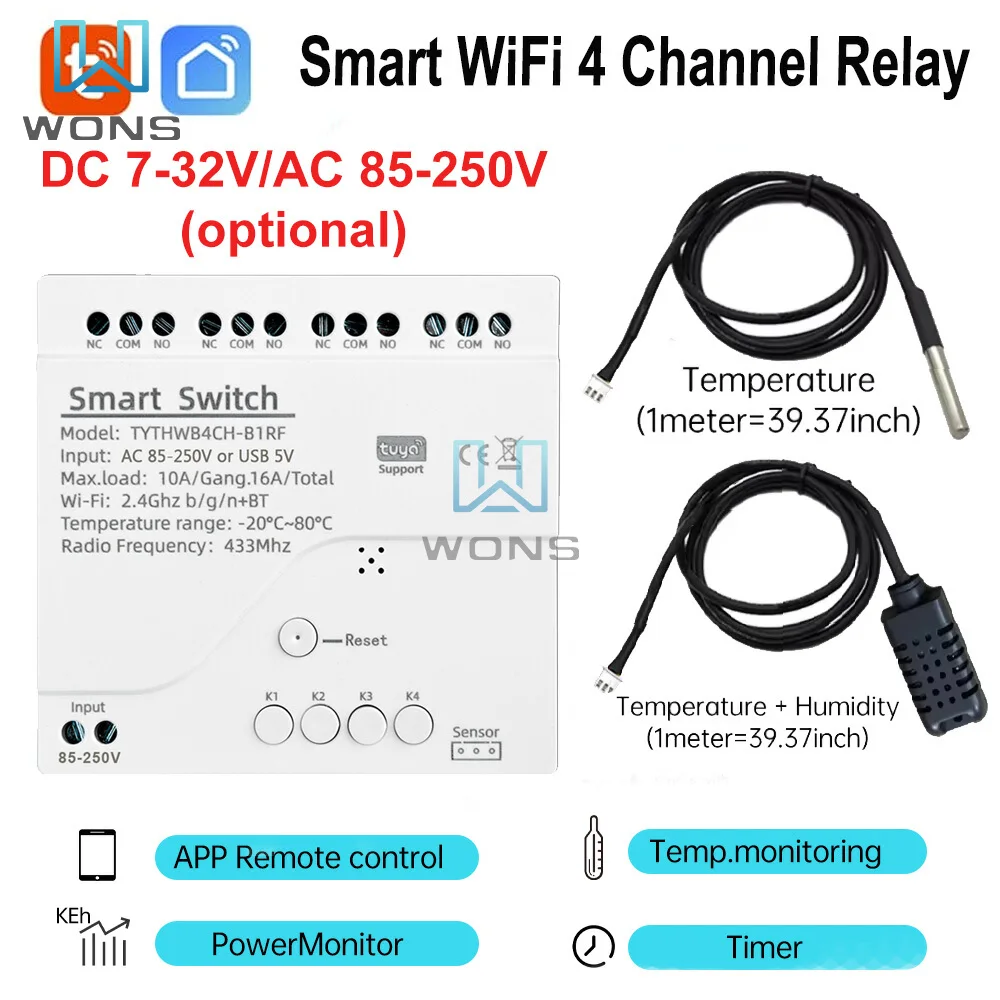 110V 220V Tuya Smart WiFi 4 Channel Relay With Temperature Humidity Sensor Passive Dry Contact Switch Alexa Alice Compatible