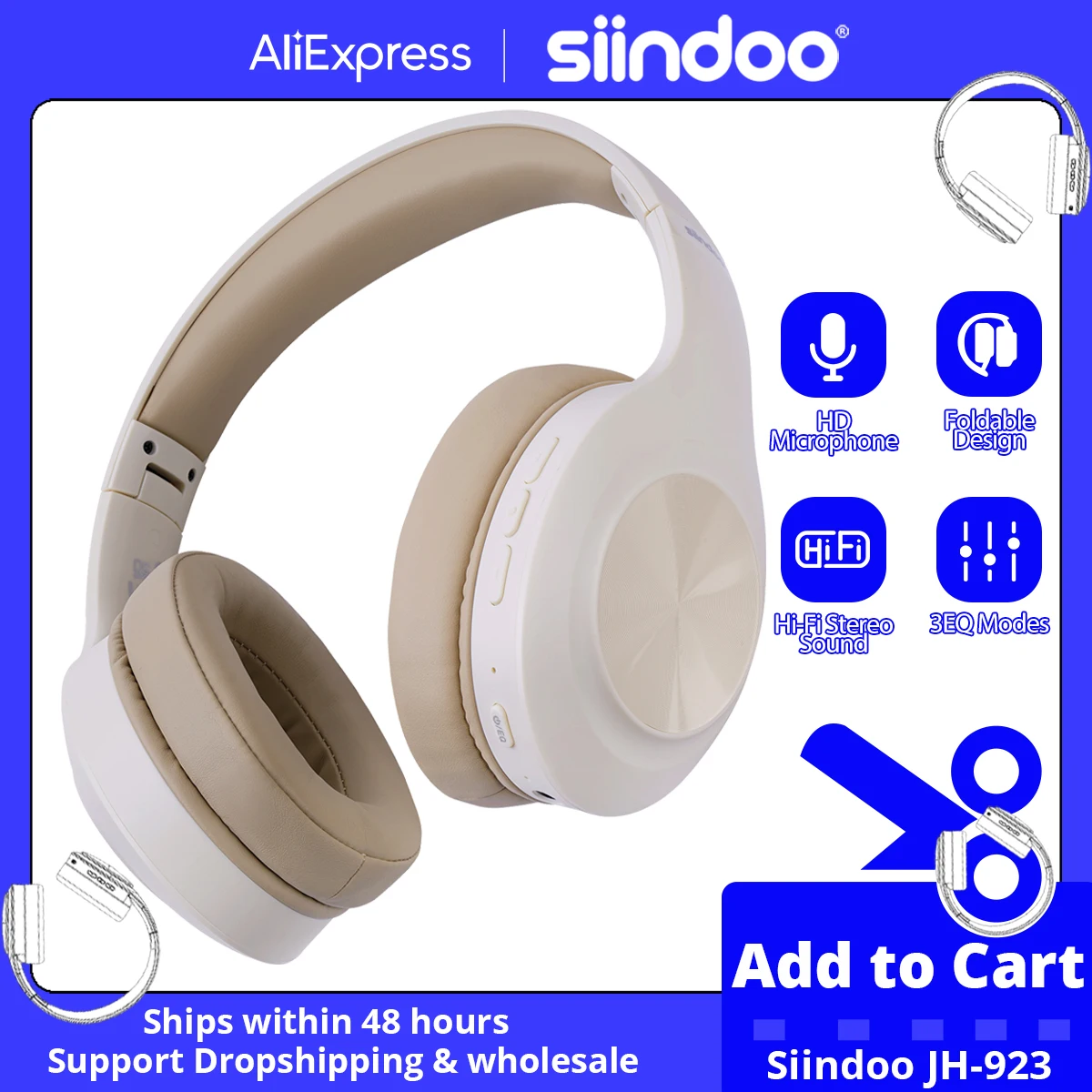 Siindoo JH-923 Wireless Headphones Over Ear,Foldable Bluetooth Headsets,3EQ Sound Modes, Hi-Res Audio with Mic Deep Bass Khaki