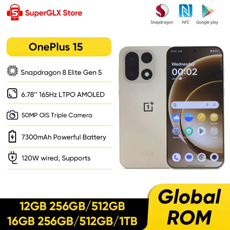 OnePlus 15 Unlocked Smartphone Snapdragon 8 Elite Gen 5 6.78'' 165Hz High Refresh Rate Screen Rear 50MP Triple Camera 7300mAh