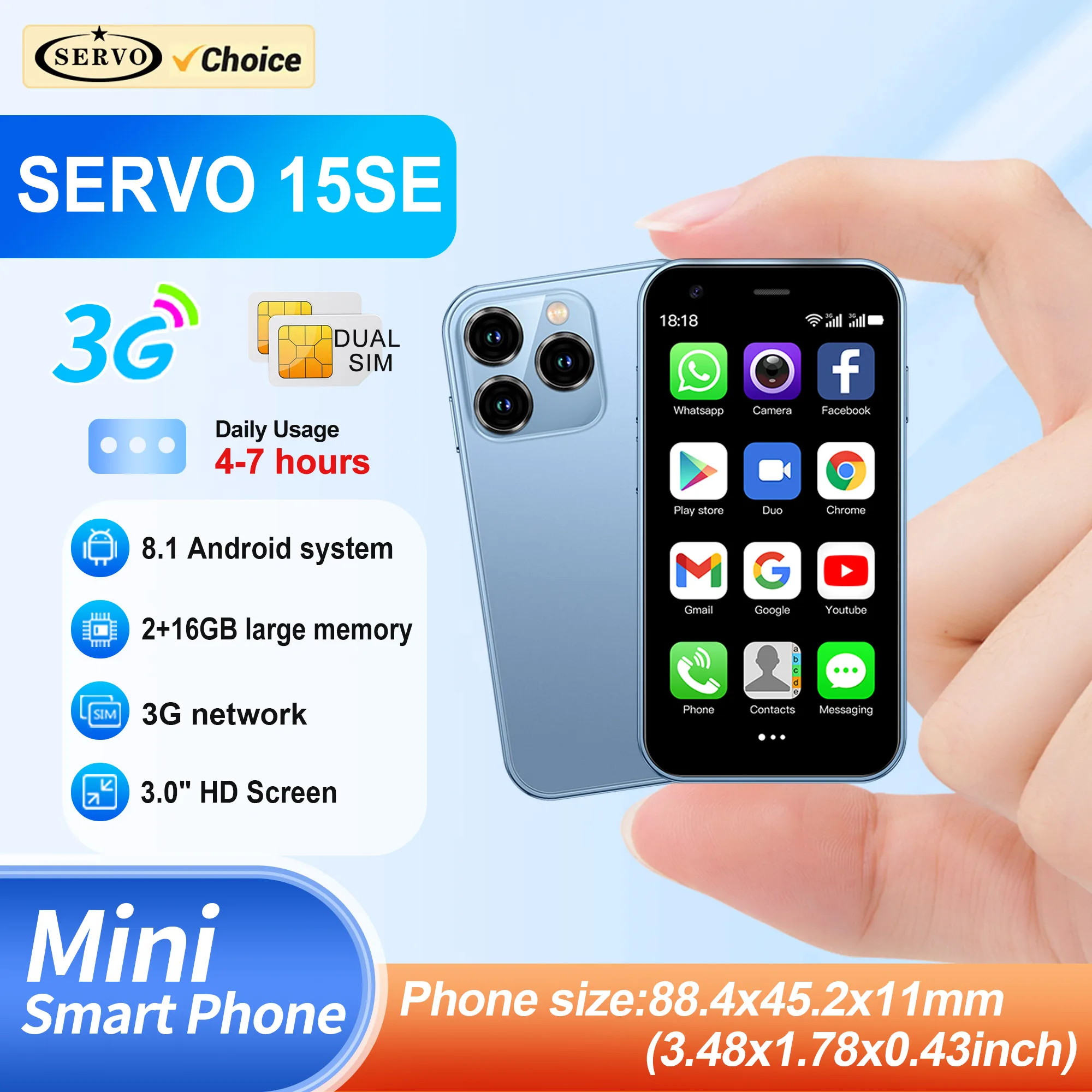 SERVO 15SE Mini Smartphone 3G WCDMA Android System WiFi Hotspot Play Store 3.0" Display Small Palm Smart Phones Dual SIM Standby
